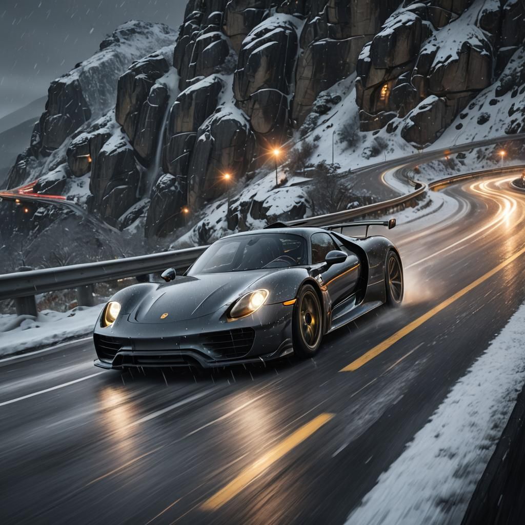 Porsche 918 Spyder Speeding on Cliffside Highway