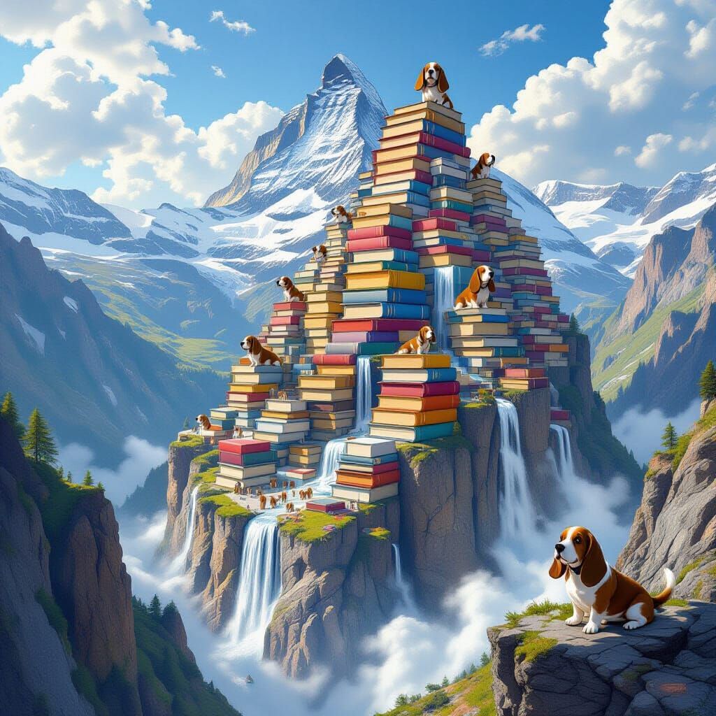 Surreal Book Cityscape on Swiss Mountain with Chocolate Rive...