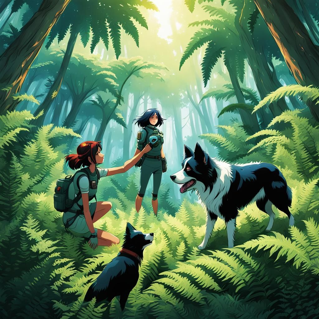 Anime Space-Girl with Border Collie in Fern Forest