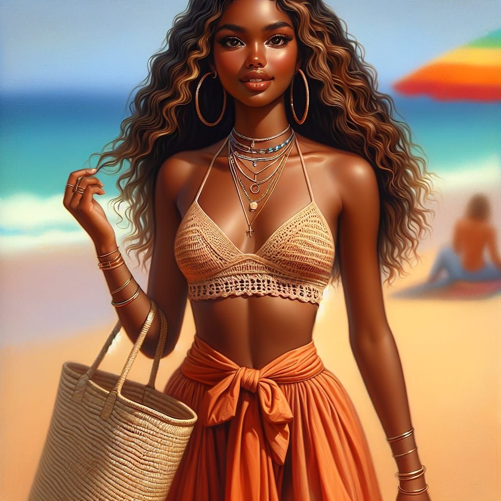 Elegant African American Woman on Beach as Digital Painting