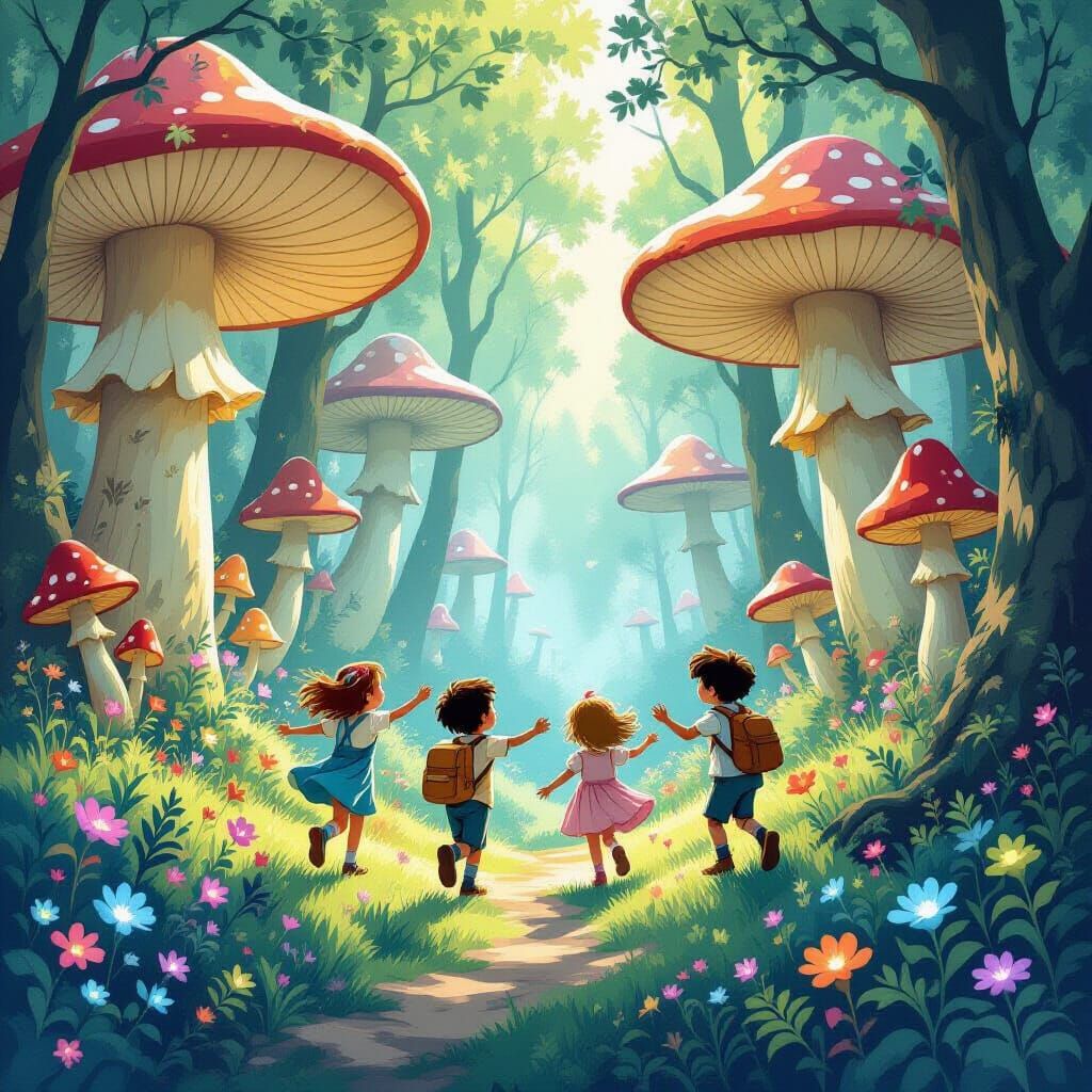 Children Playing in a Whimsical Bioluminescent Forest