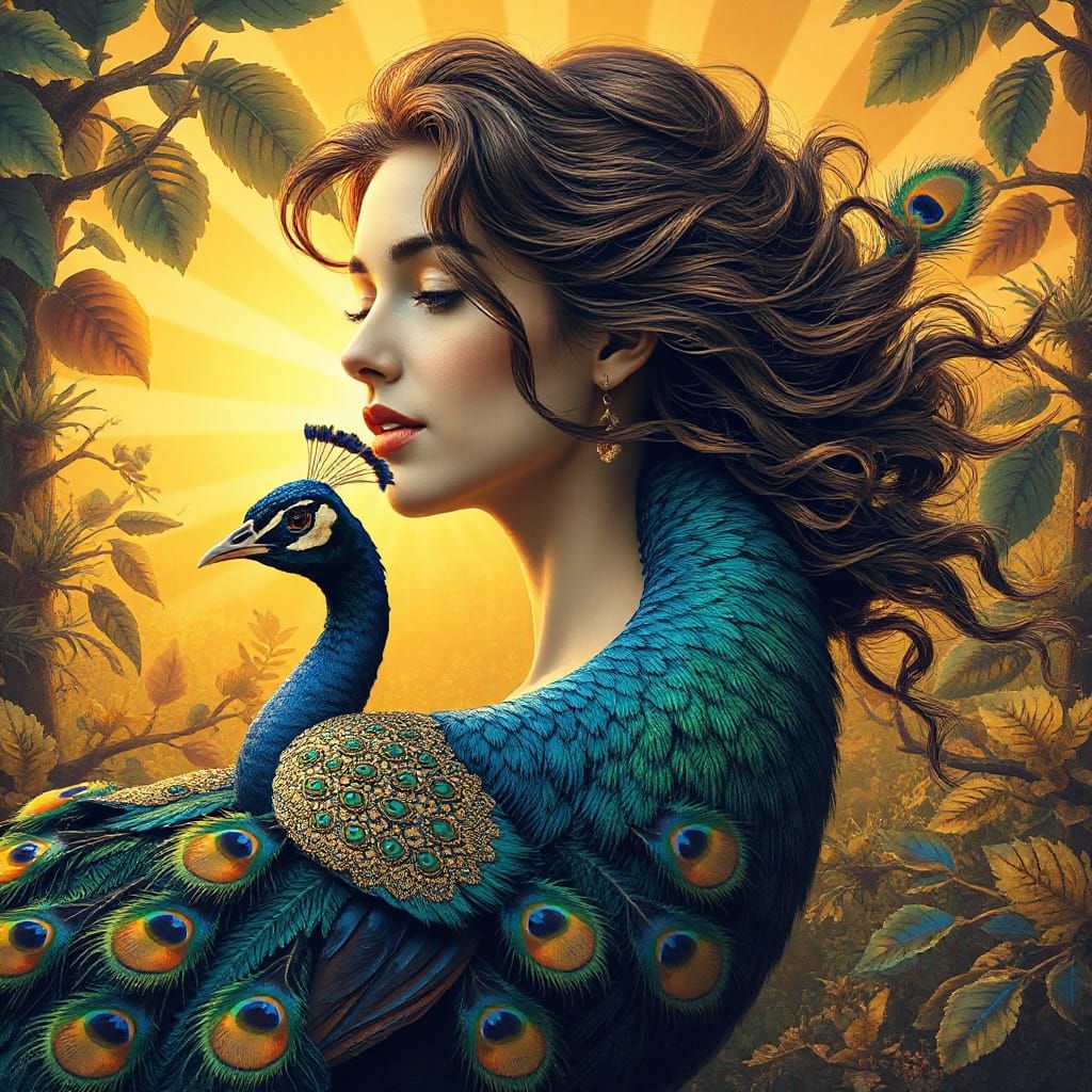 Elegant Woman Meets Majestic Peacock in Vibrant Hyper-Surrea...