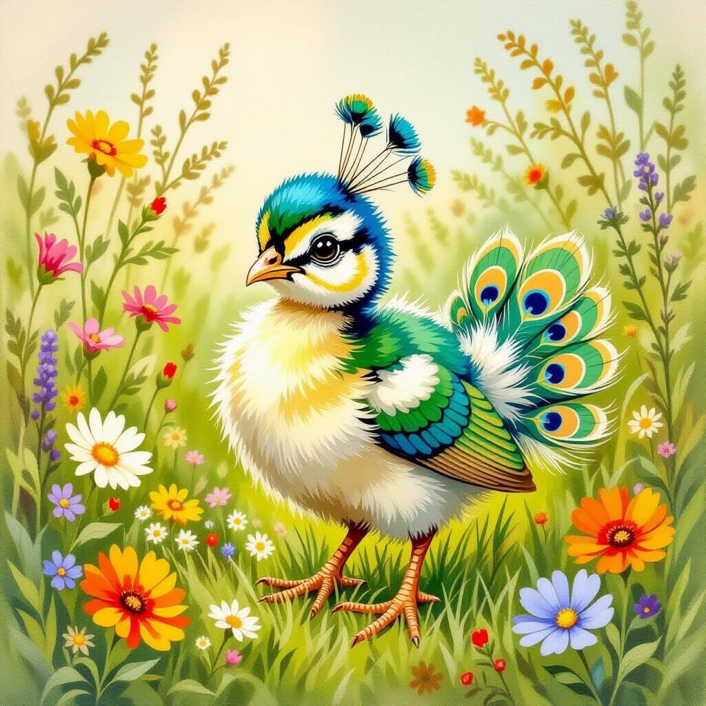 Peacock Chick in Meadow, Beatrix Potter Style