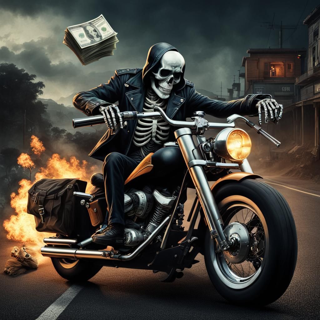Skeleton Biker with Money Rides Through Destruction