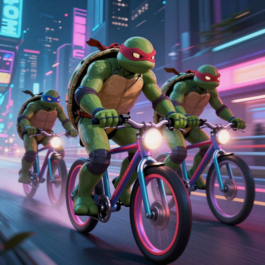 TMNT Ride Turtle Bikes in Neon Cyberpunk City
