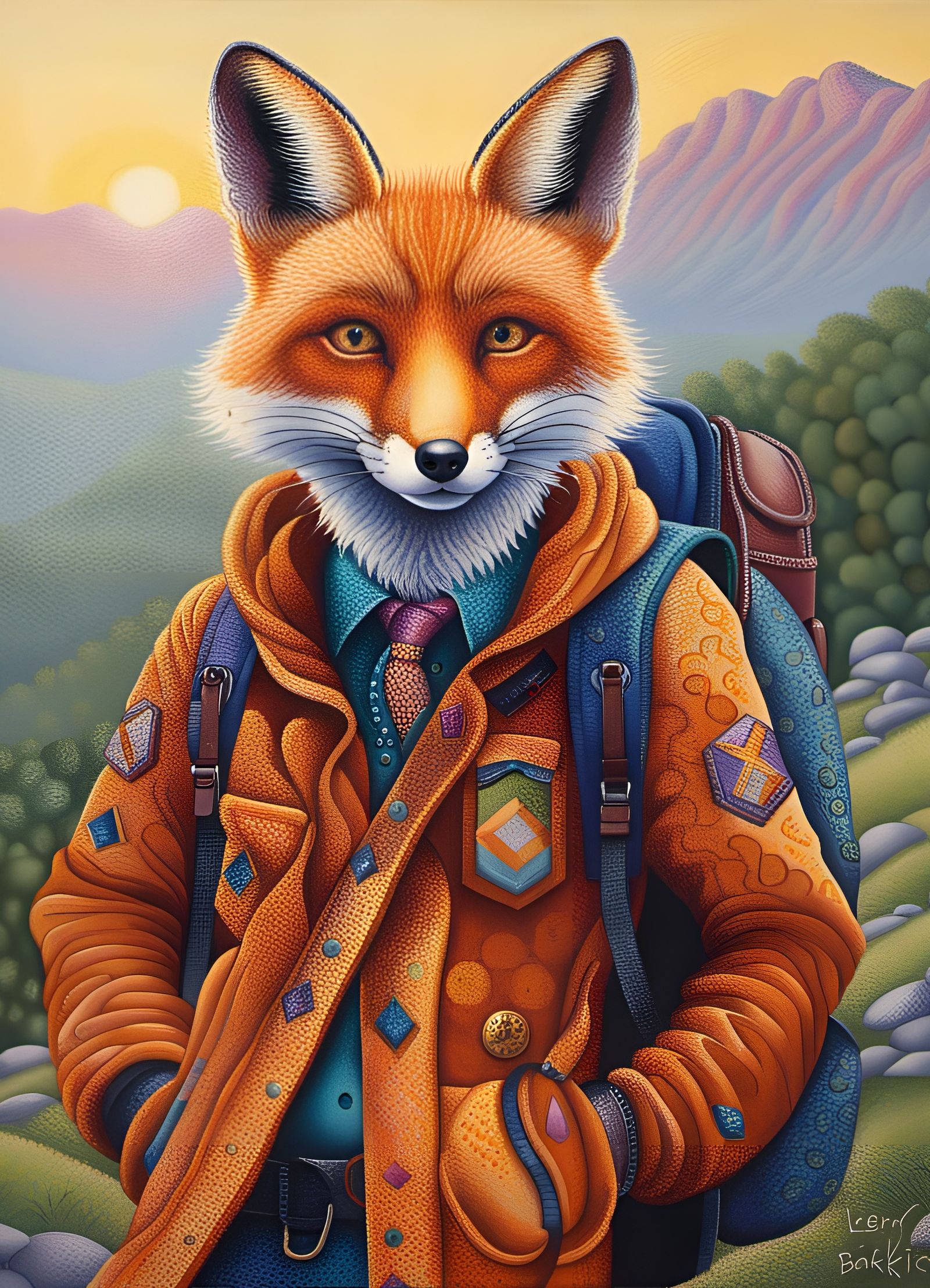 Fox wearing hiking outfit and backpack