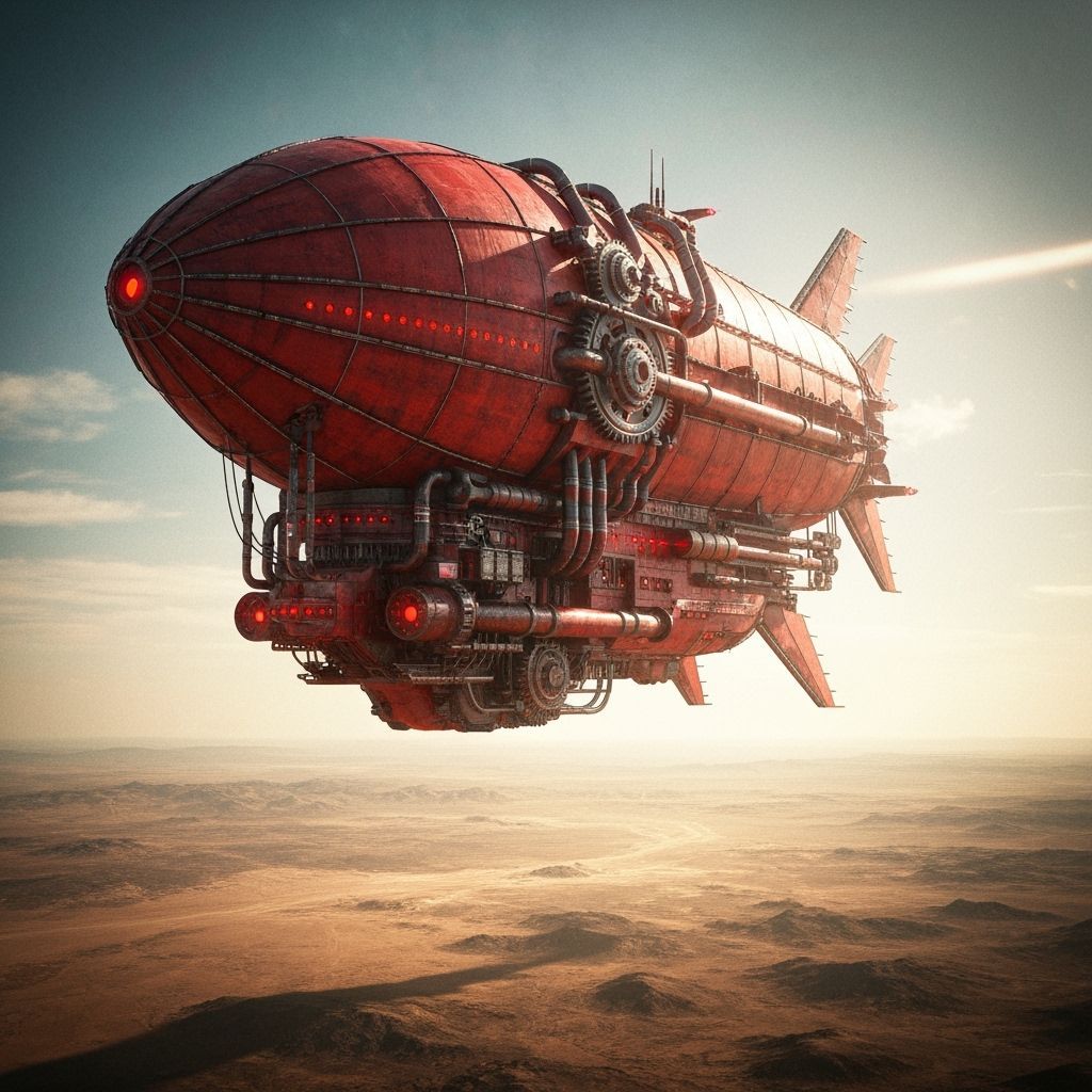 Fire-Red Steampunk Airship Over Desert Landscape