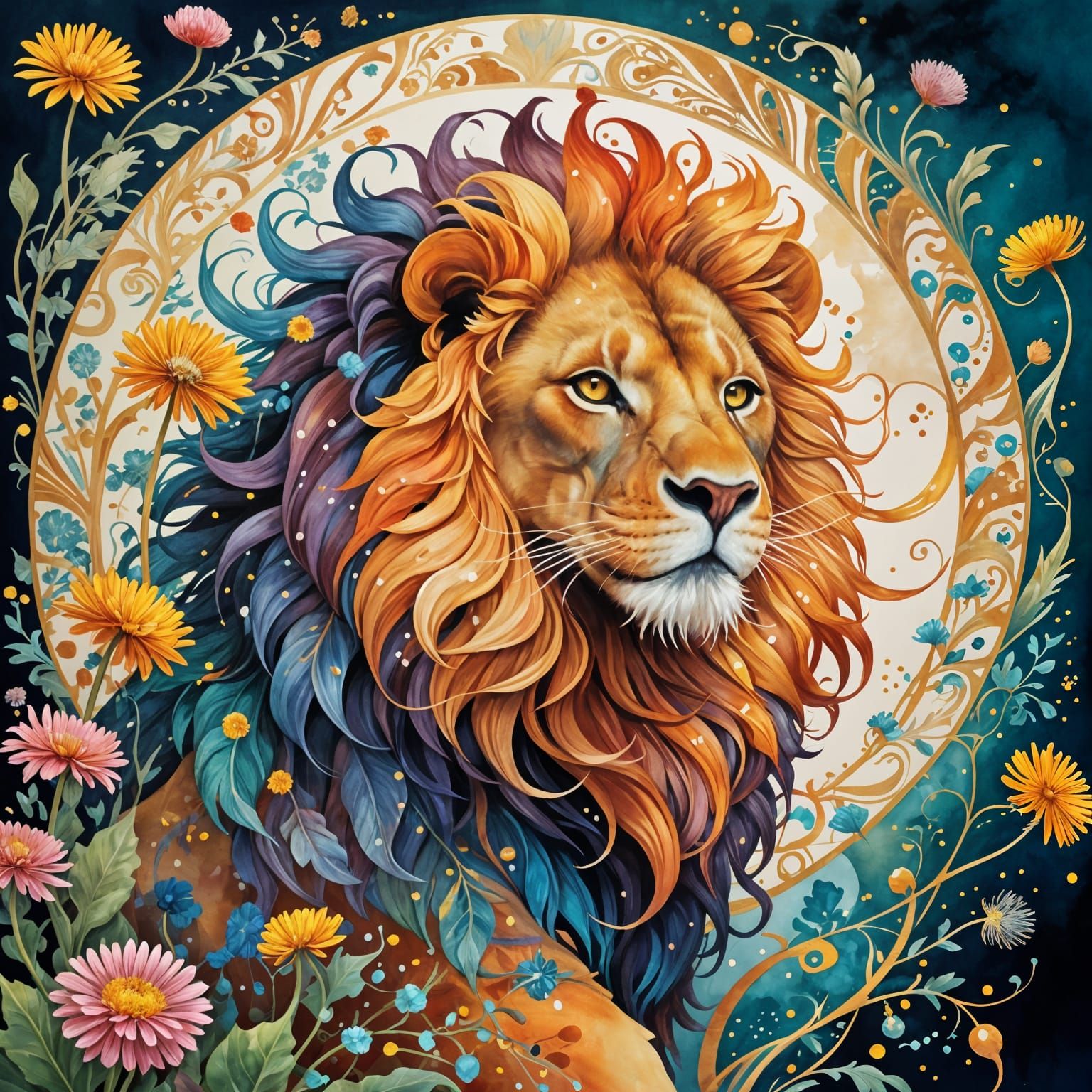 Dazzling Wind-Blown Dandelion Seeds in Vibrant, Intricate Ar...