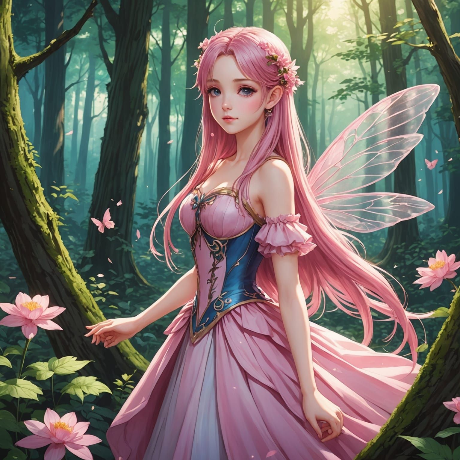 Pink Fairy in Forest, Anime Style Art