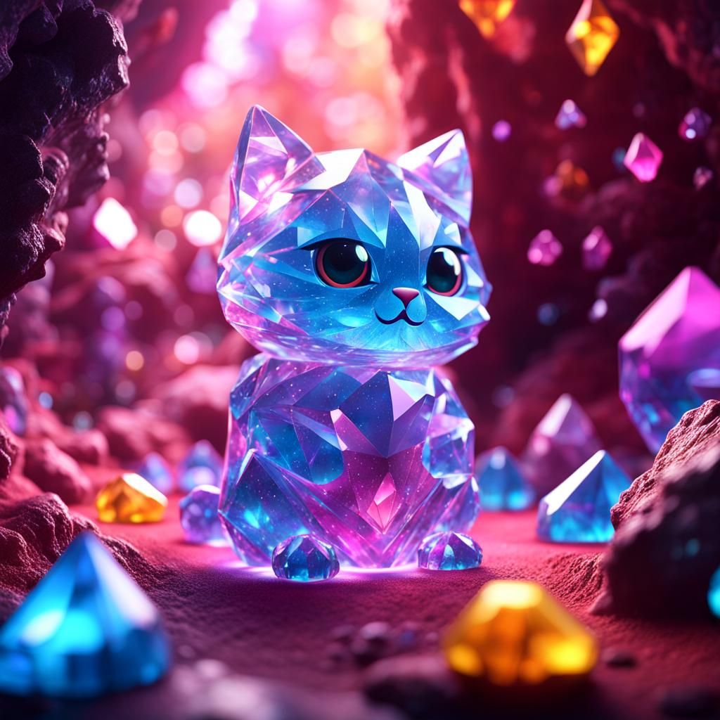 Cute Chibi Crystal Cat in Colorful Cave