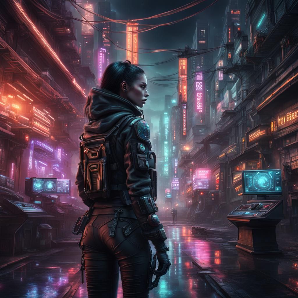 Cyberpunk Woman in Dark Synthwave Digital Art