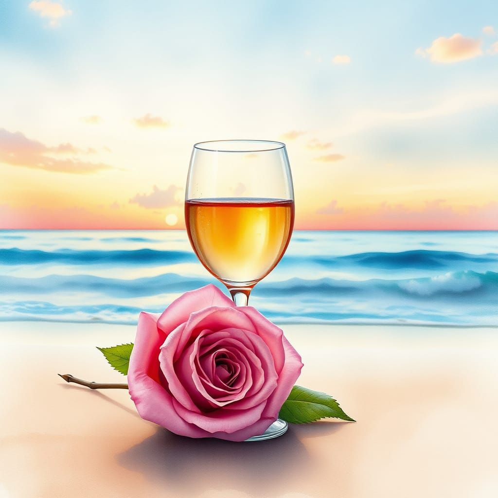 Soft Watercolor Sunset with Wine and Rose