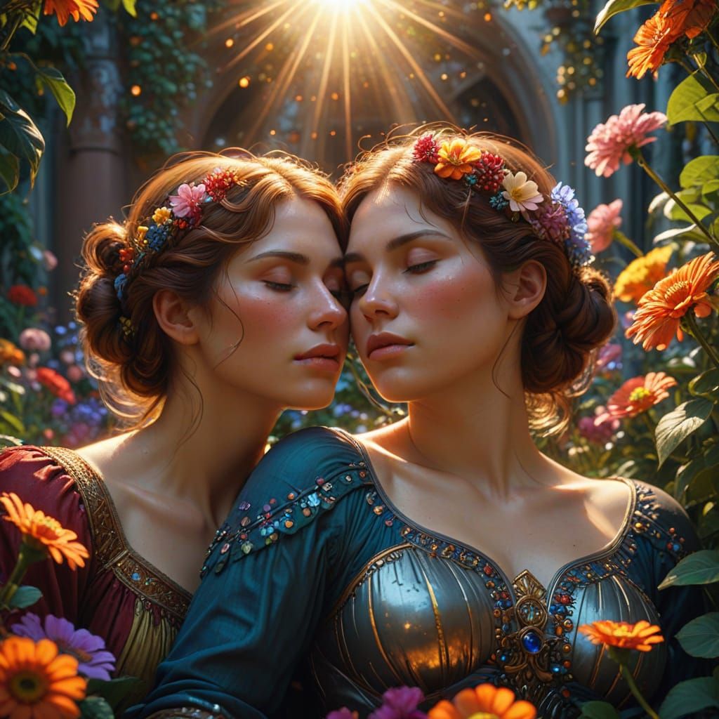 Emotional Embrace in Floral Landscape, Art Nouveau Portrait