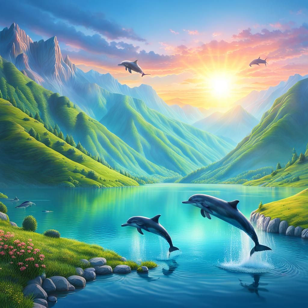 Colorful Sunrise Over Mountains with Dolphins