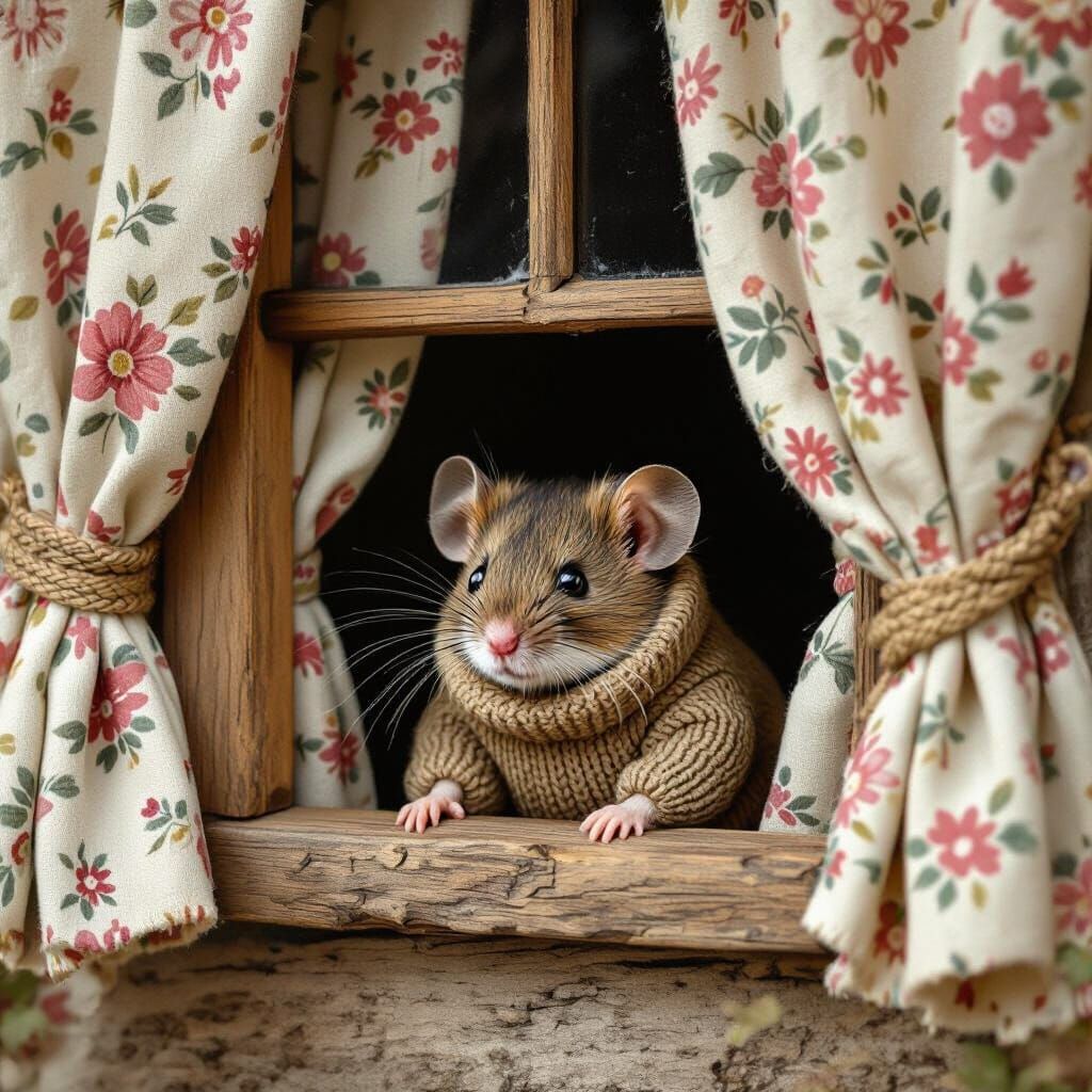 Mouse in Sweater Peeking from Window, Potter Style