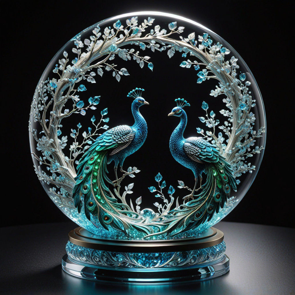 Crystal Glass Sculpture with Bioluminescent Peacocks in Yin...
