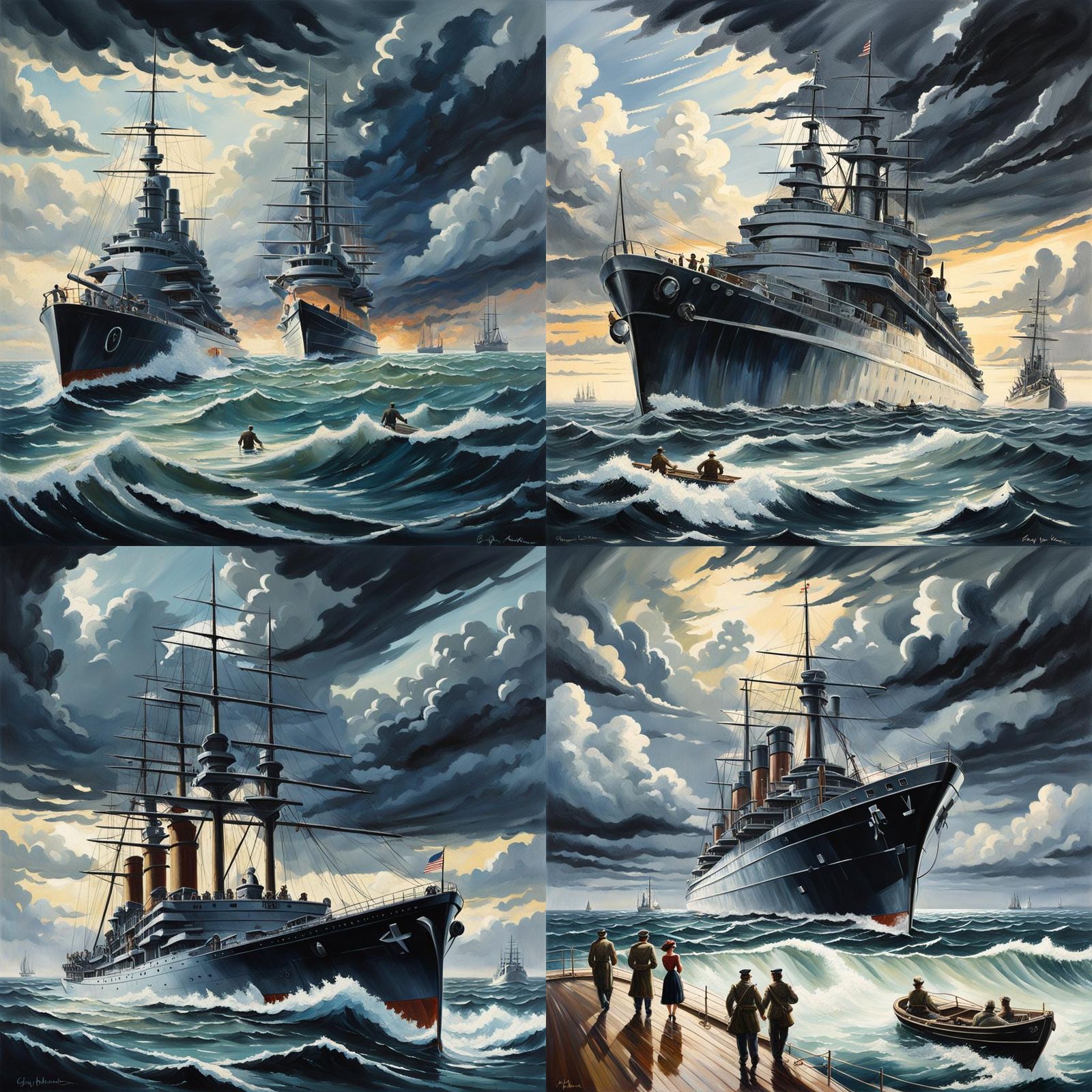 World War II Battleship During Storm in Gothic Style