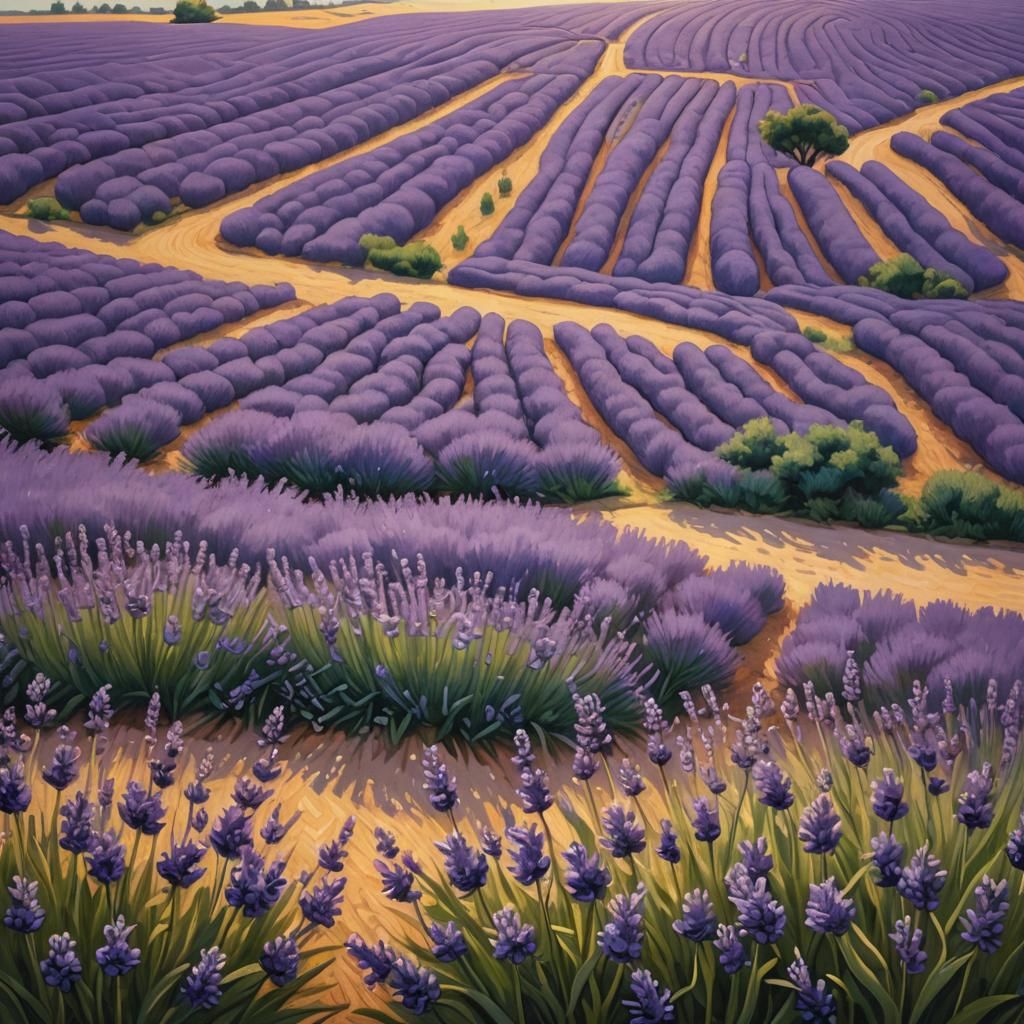 Blooming Lavender Fields: Naive Art Inspired by Rousseau