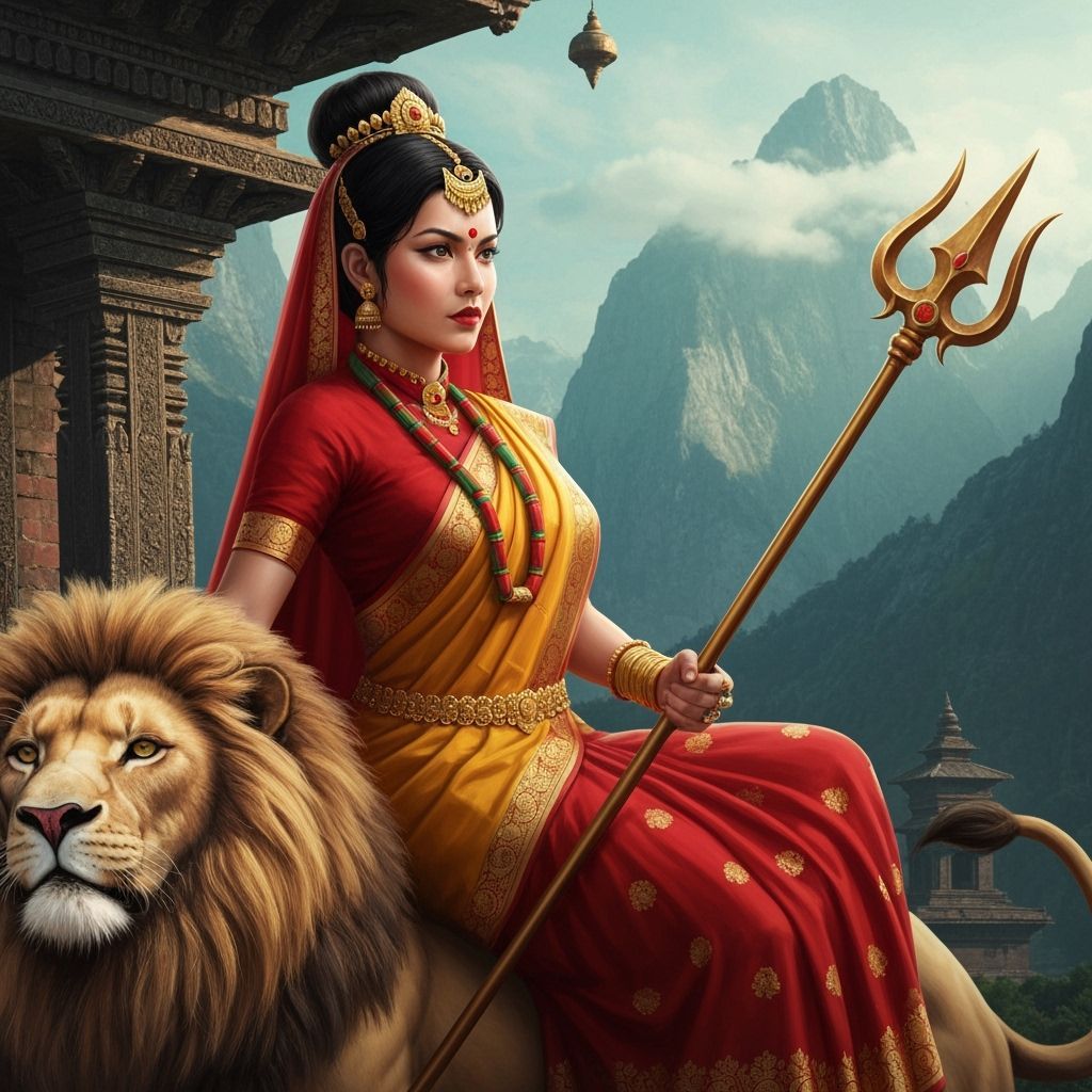 Pathibhara Goddess on Lion, Detailed Matte Painting