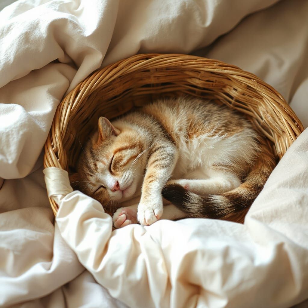 Sleeping Cat in Basket on Bed