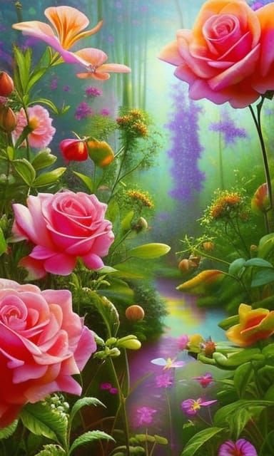 Hyperrealistic Rose Garden Fantasy Painting