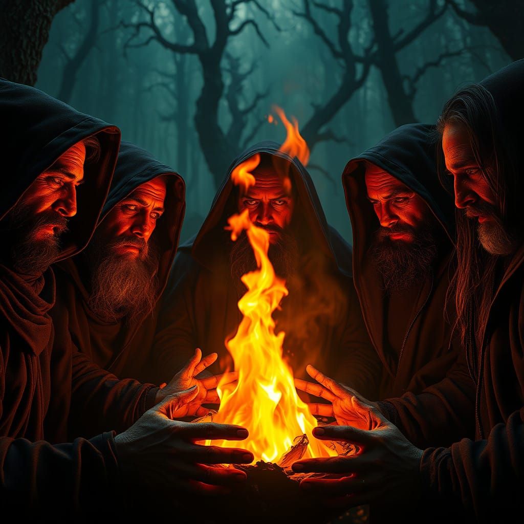 Mystical Male Witch Coven Surrounds Ethereal Flame