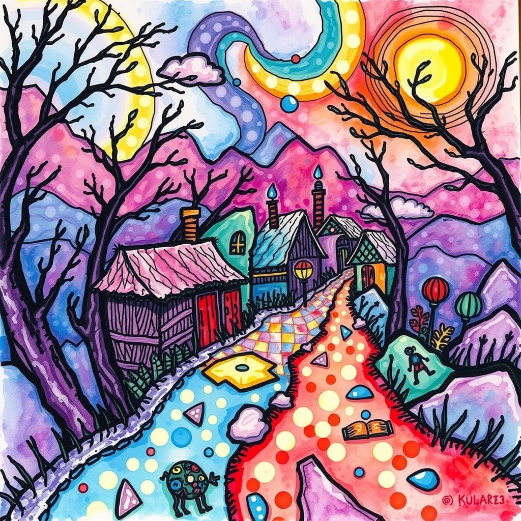 Psychedelic Village in Alcohol Ink Style