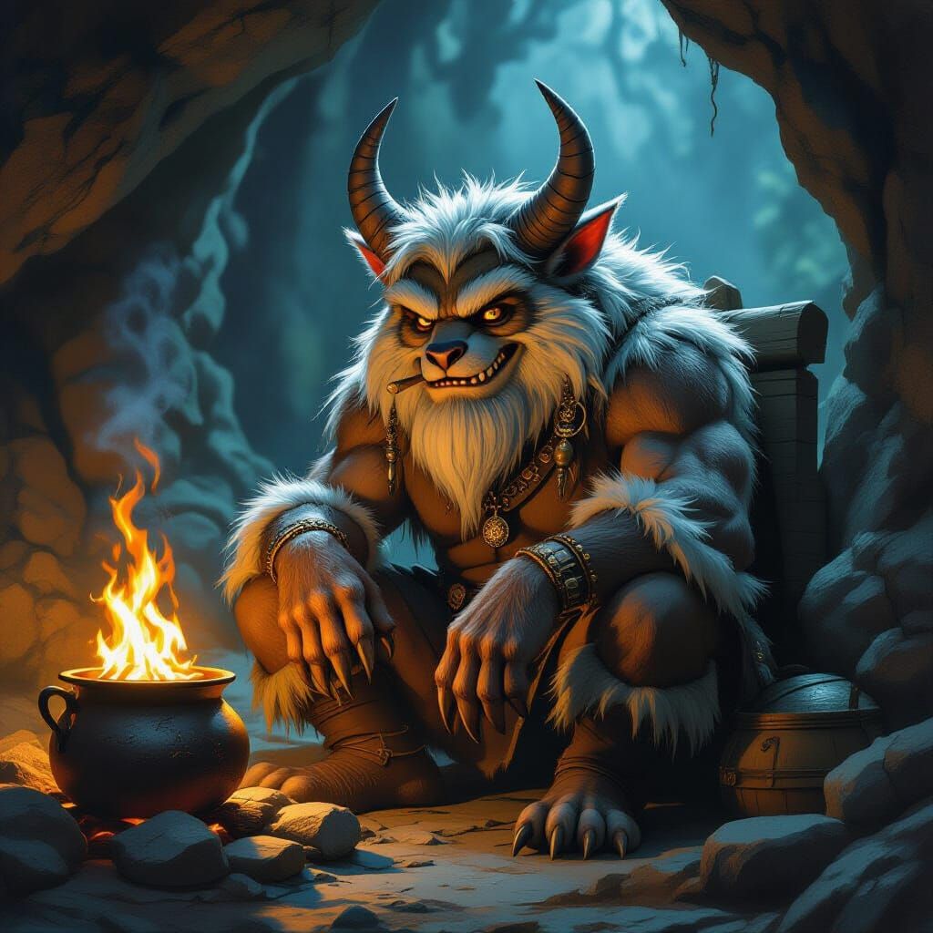 Furry Horned Creature in Cave with Family