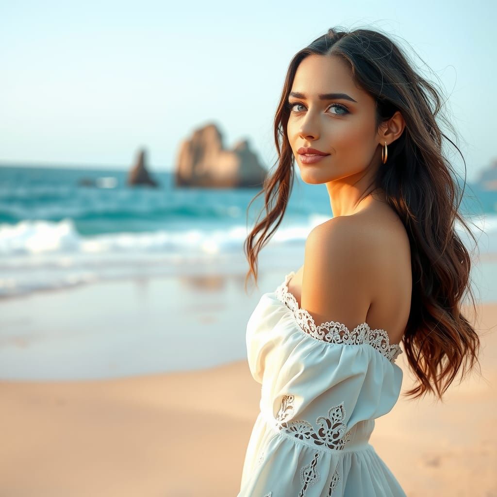 Elegant Woman on Beach in Golden Light