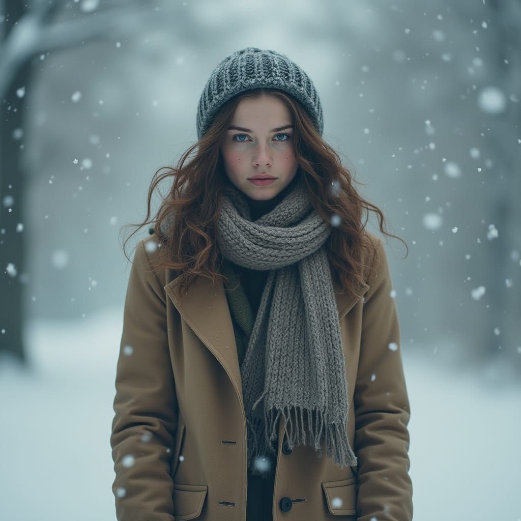 Woman in Gentle Snowfall, Serene Atmosphere