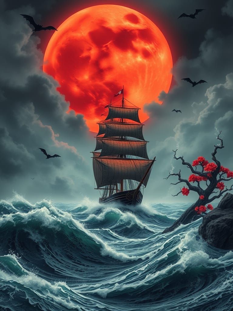 Chinese Ship Sails Under Red Moon, Beksiński Style