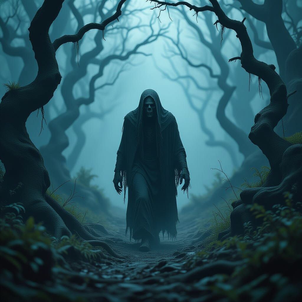 Undead Figure in Misty Forest, Dark Fantasy Art