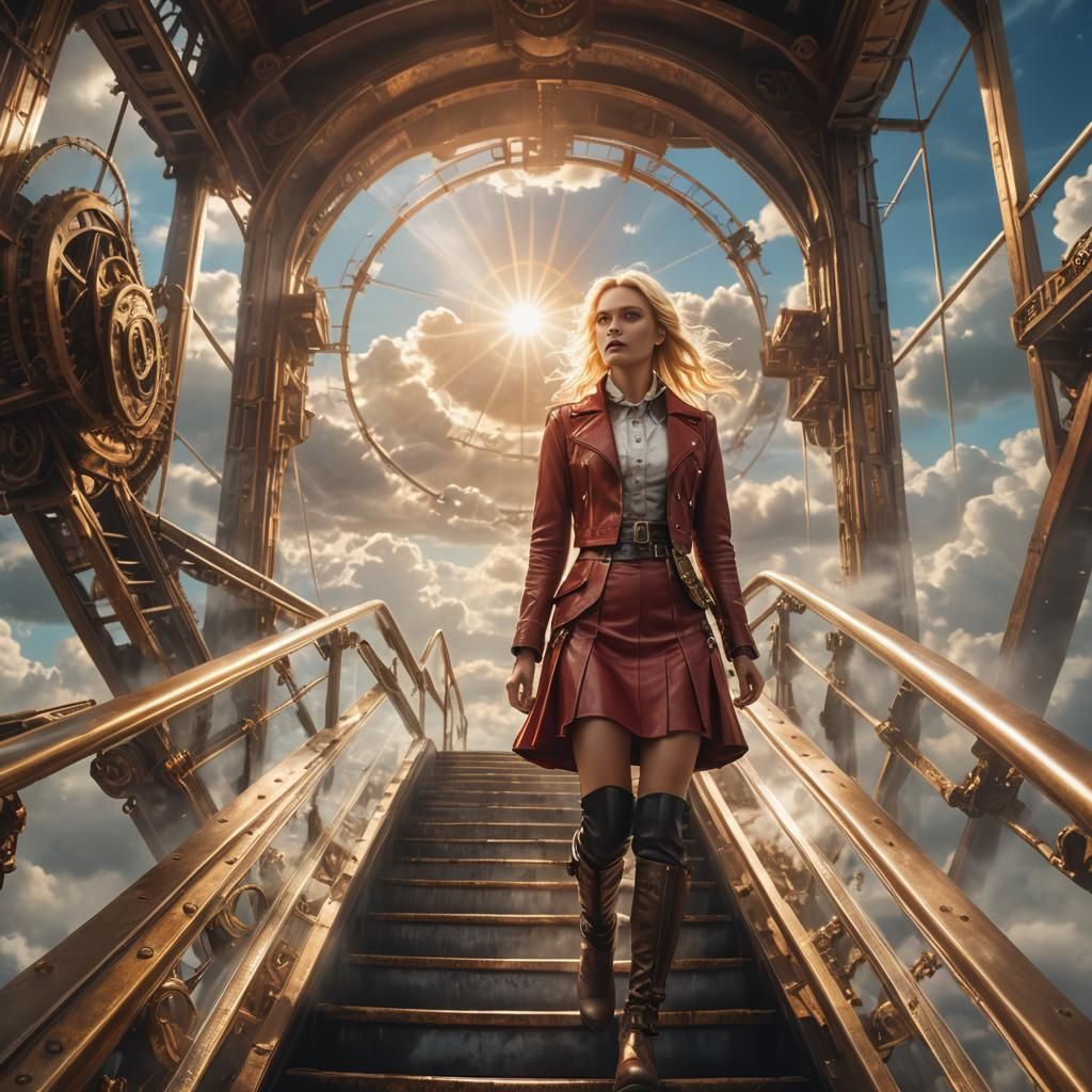 Steampunk Girl on Cloud Escalator in Divine Light