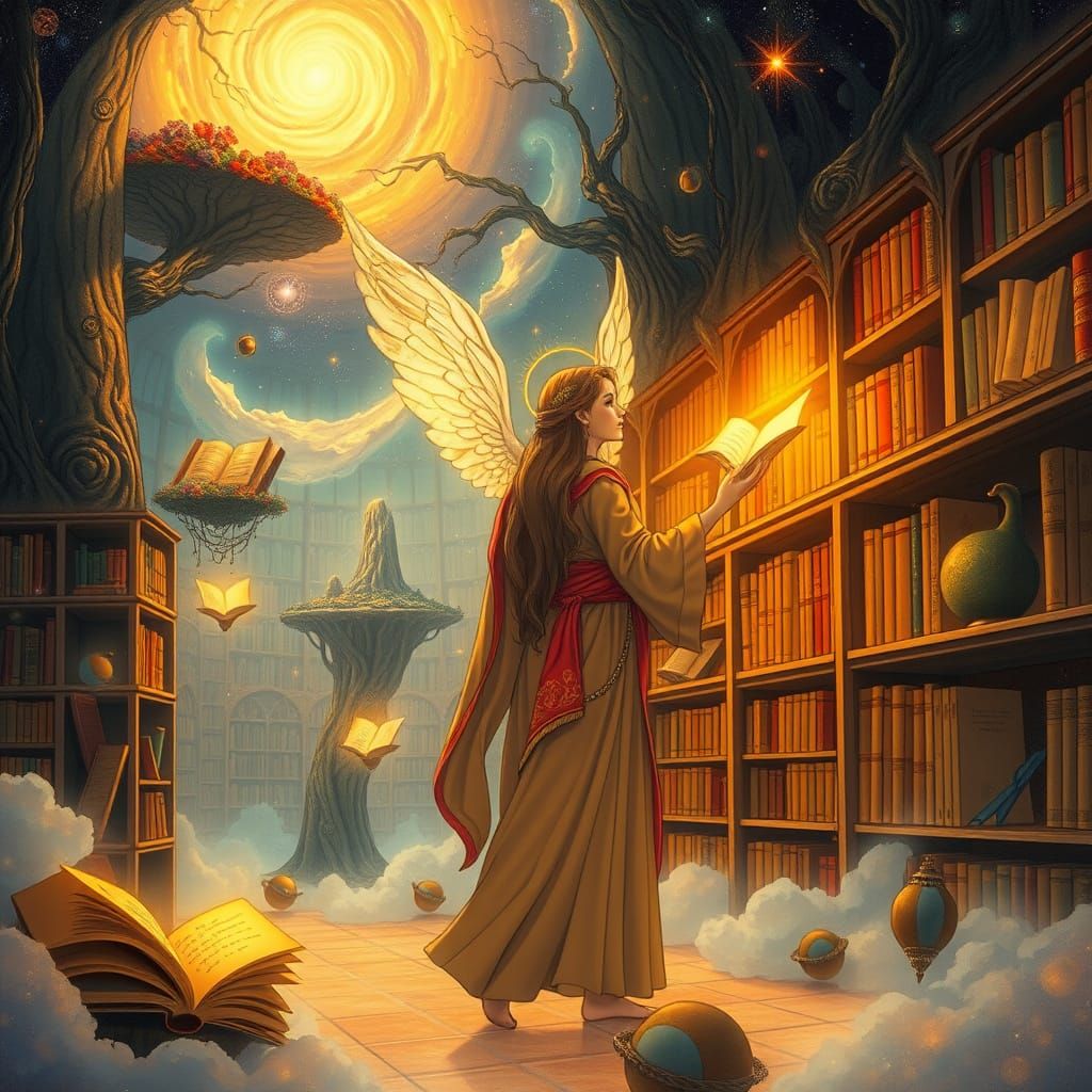 Celestial Librarian in Ethereal Library, Studio Ghibli Style
