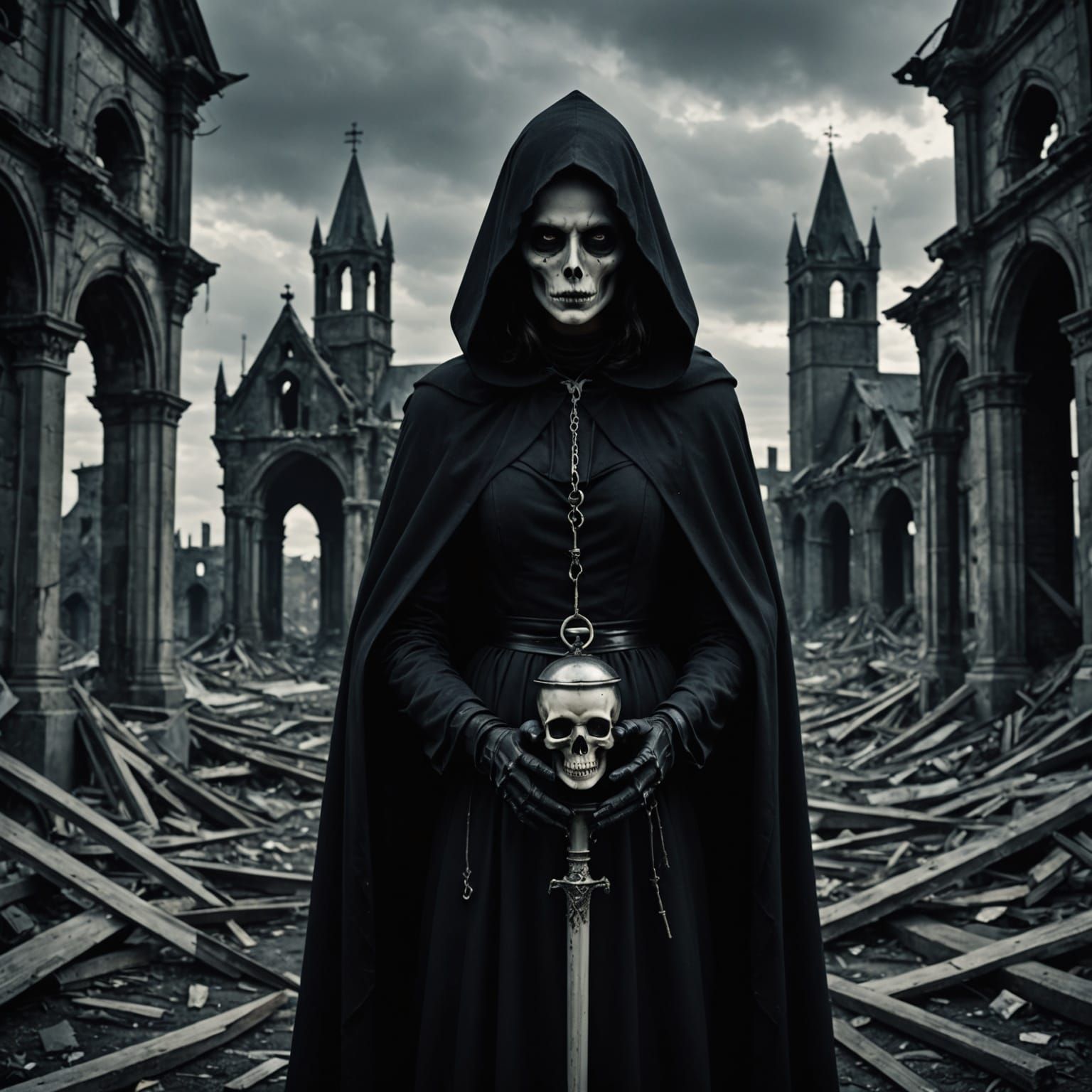 Cyberpunk Grim Reaper Woman Walks Dystopian Apocalypse