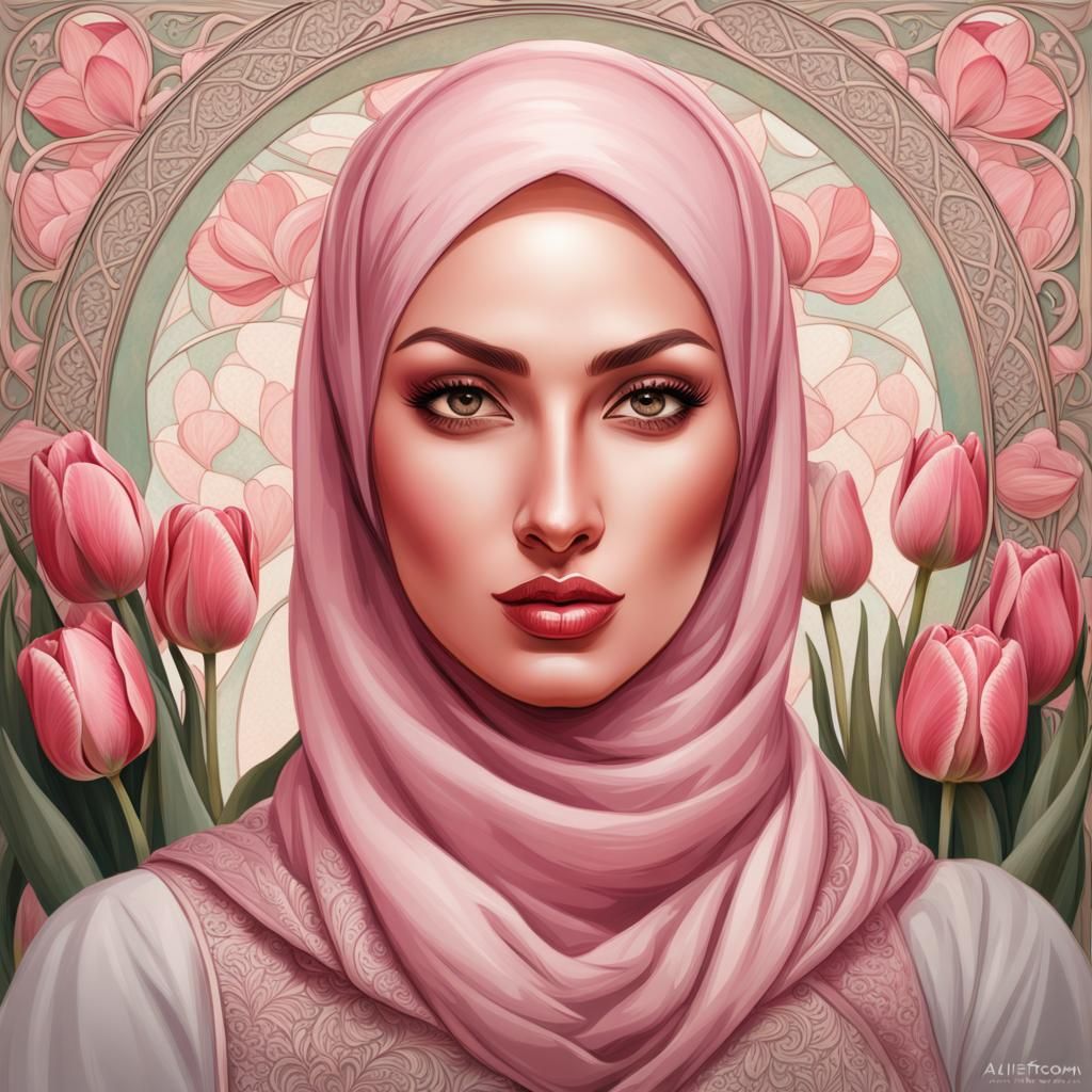 Bust Portrait of a Beautiful Hijabi Woman in a Floral Garden