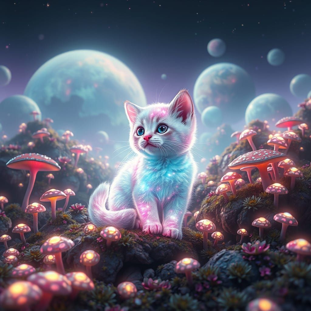 Surreal Crystal Kitten Amidst Celestial Mushrooms