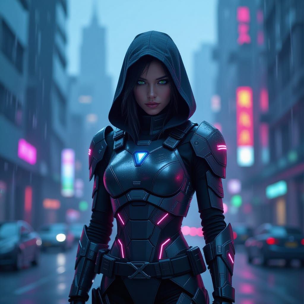 Cyberpunk Warrior in Ethereal Neon Cityscape