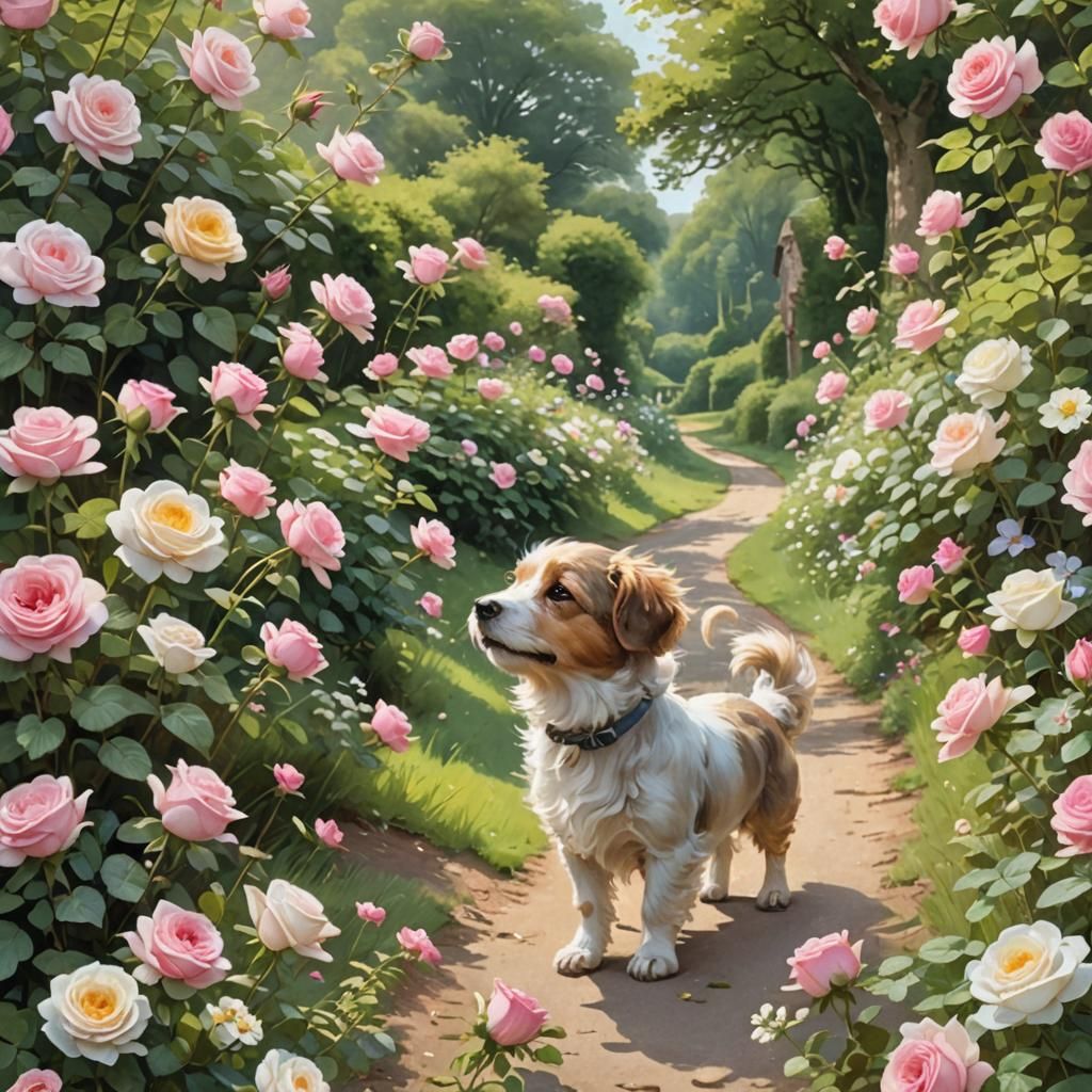 Dog Smelling Roses in Beatrix Potter Style