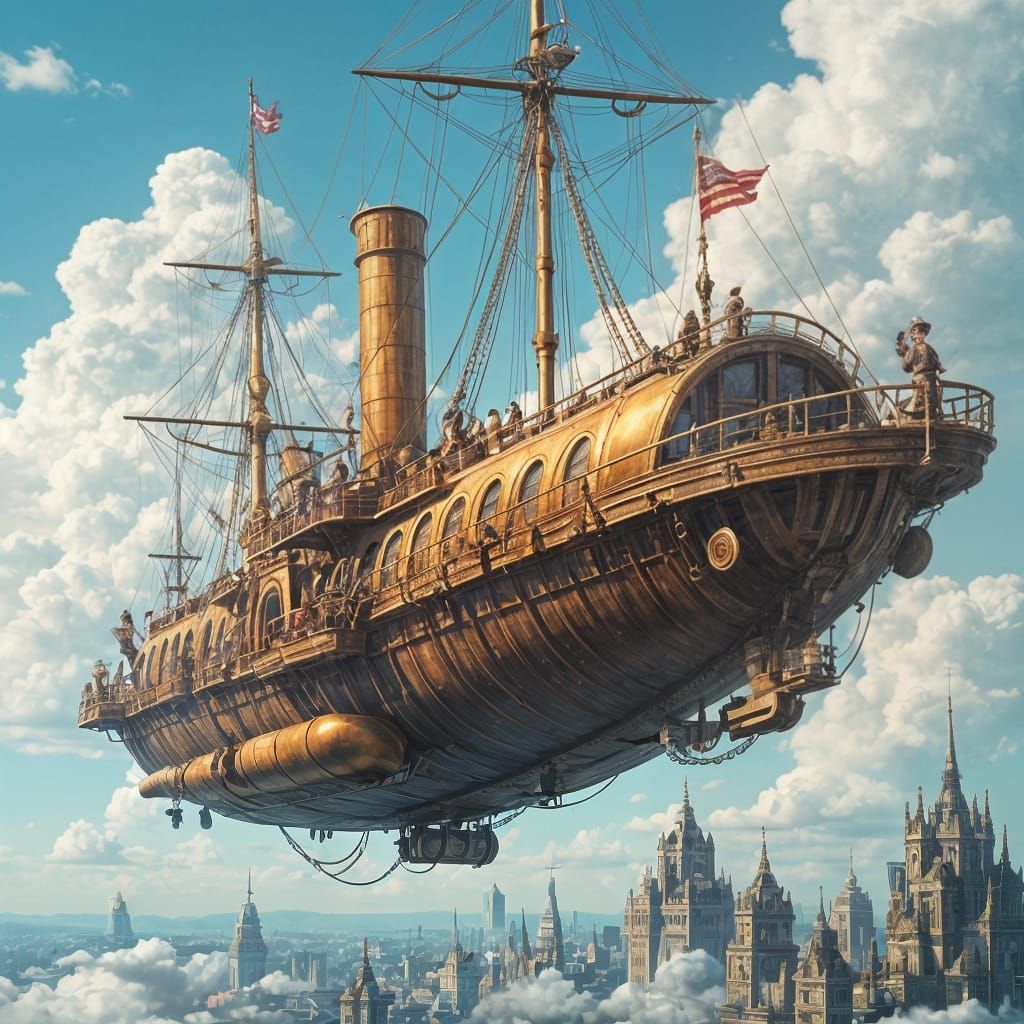 Steampunk Airship Soaring Through Clouds