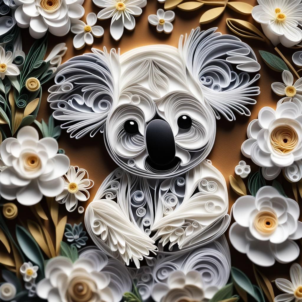 Hyperrealistic Baby Koala with Quilled White Flowers