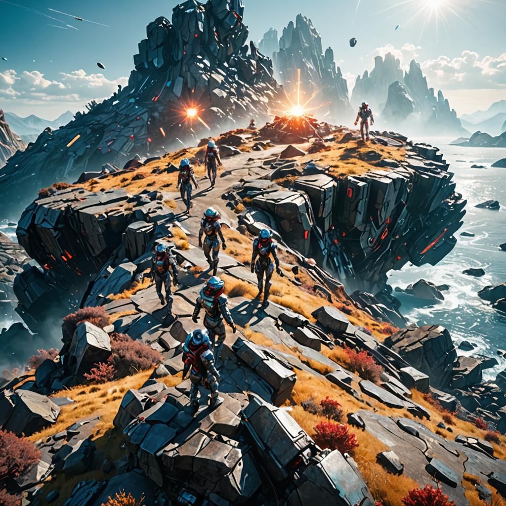 Cyborg Scientists Explore Futuristic Rocky Isles in 2077