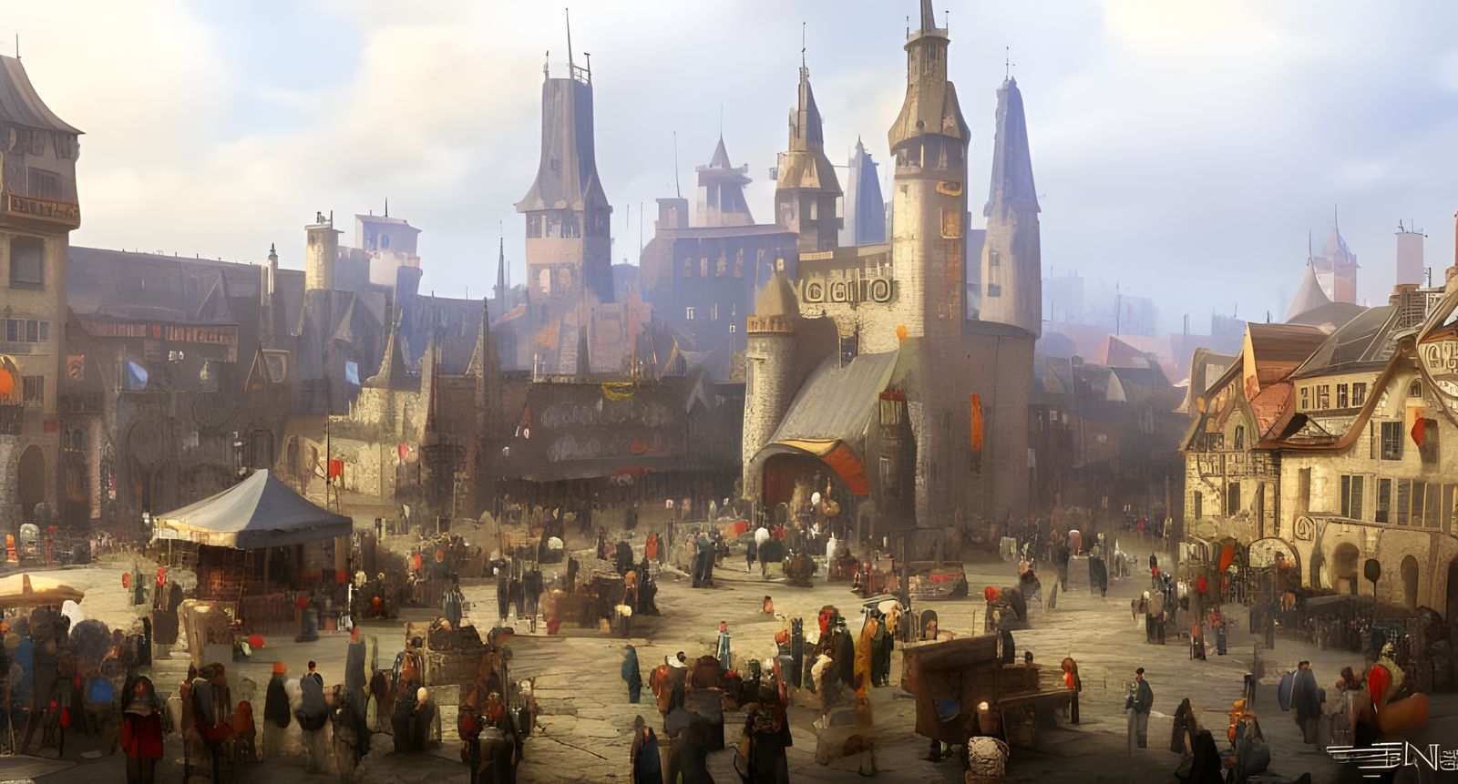 A medieval market place in a city in the middle ages.