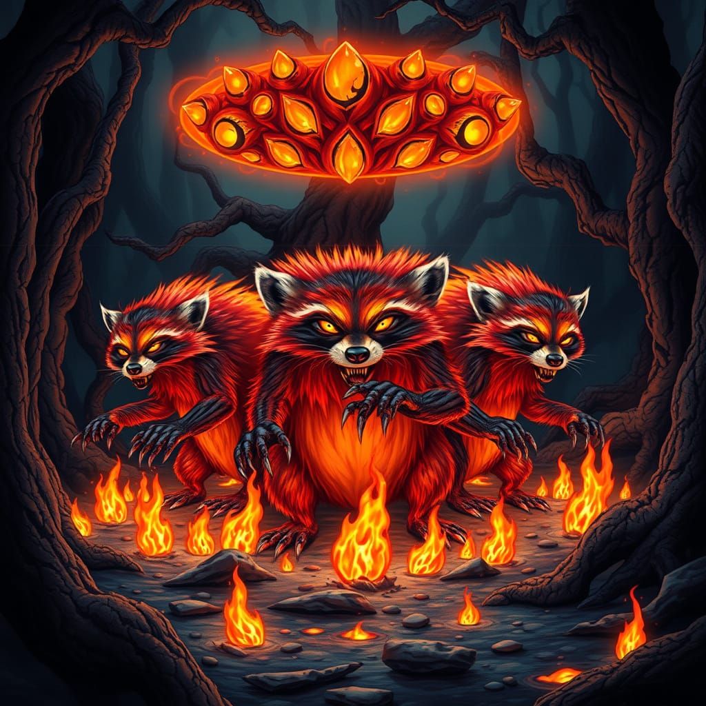 Hellspawn Raccoon Badgers in Fiery, Surreal Landscape