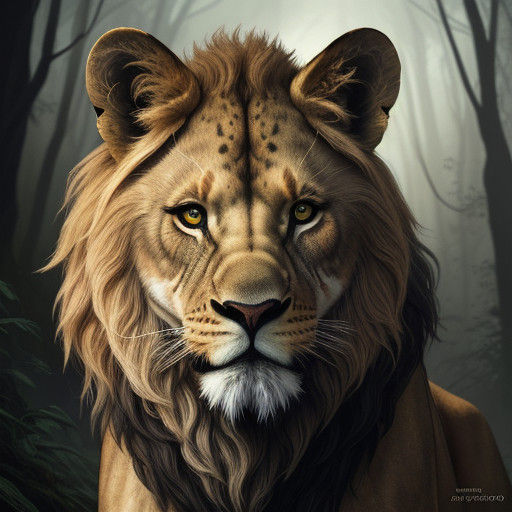 Young Lion Cub in Mystical Forest, Fantasy Art