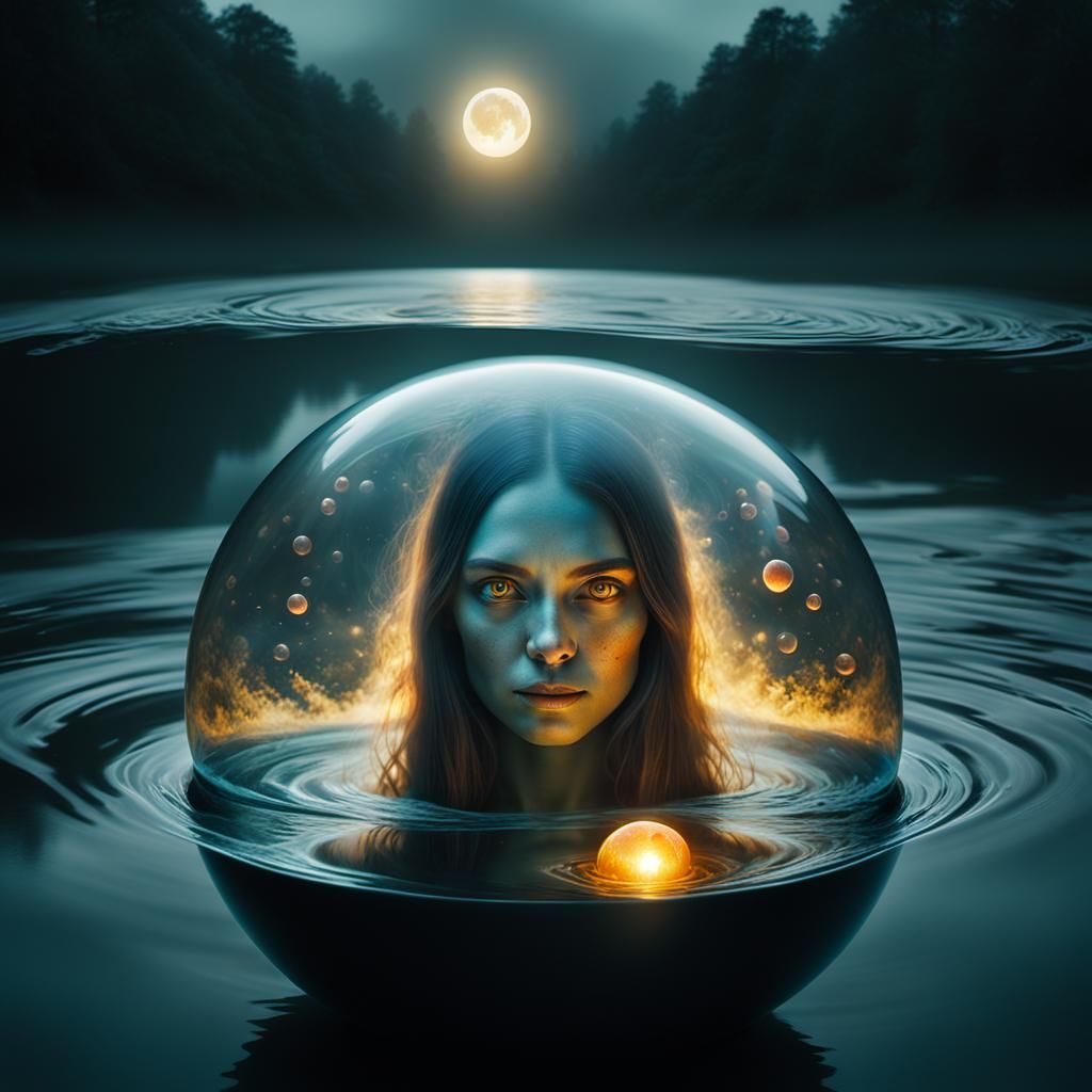 Ethereal Girl in Bioluminescent Acorn Vessel Under Solar Ecl...