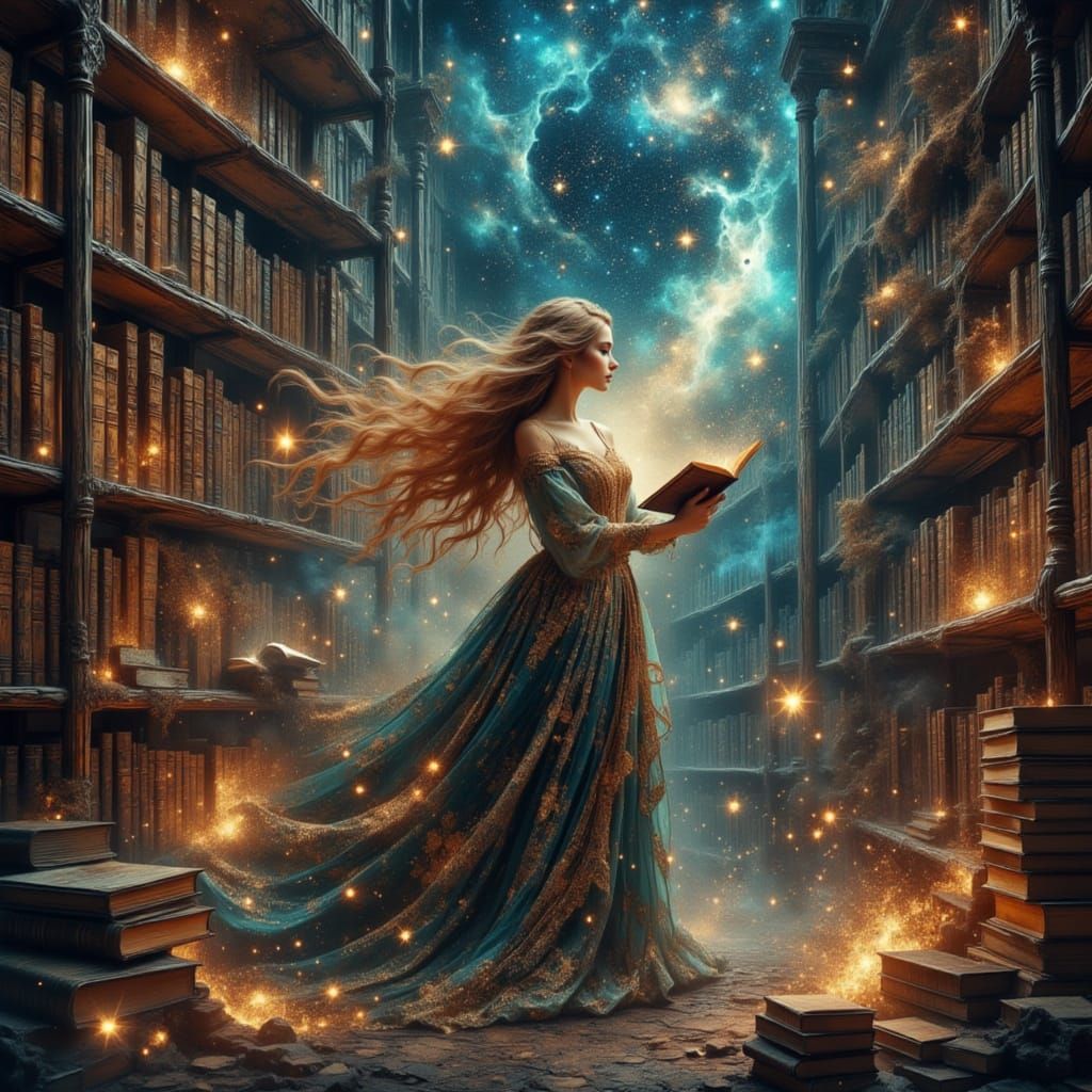 Celestial Librarian in Nebula Library: Cosmic Surrealism