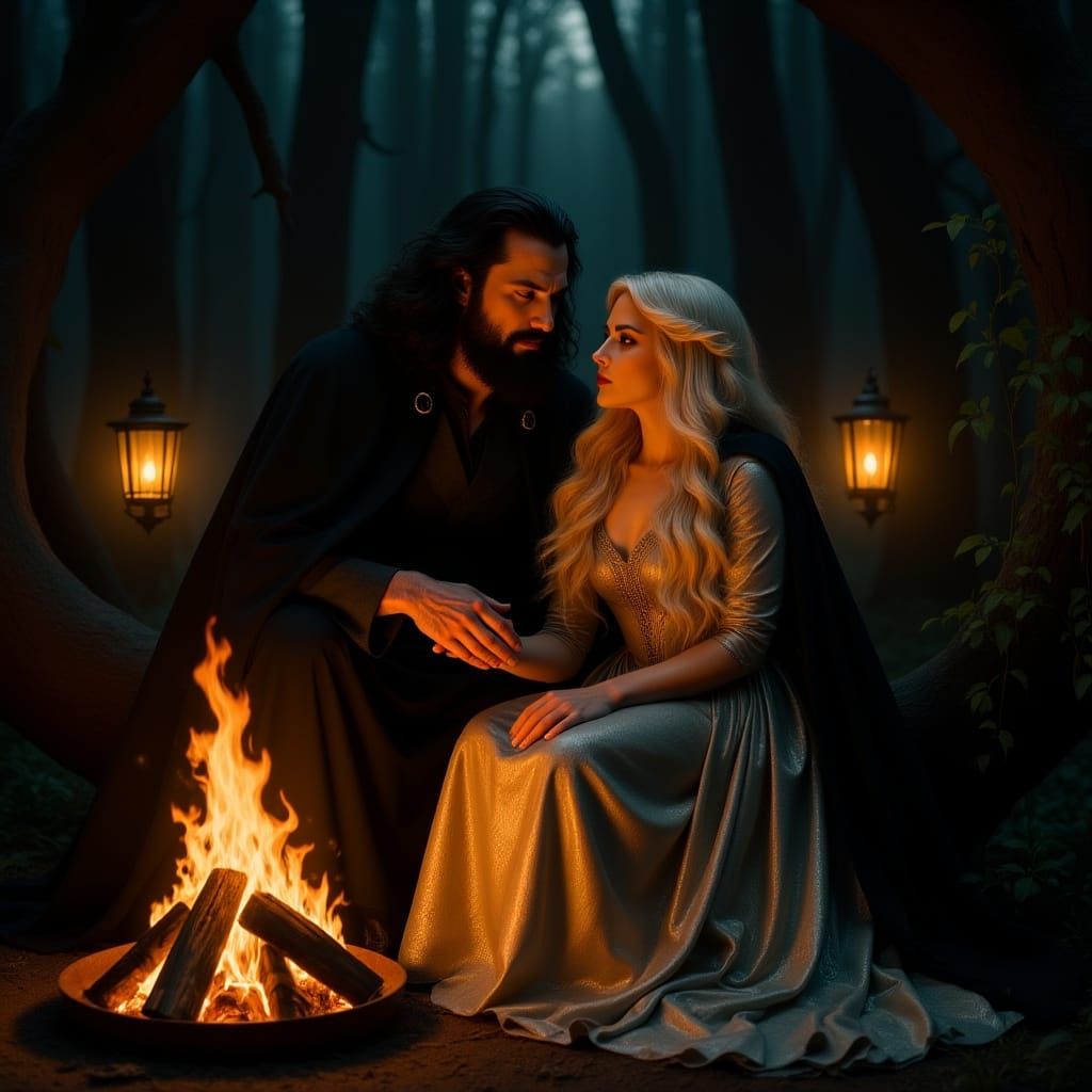 Dark Sorcerer and Woman by Fire in Ancient Forest