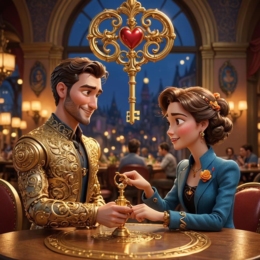 Lovers Exchange Key in Pixar-Style 3D Animation
