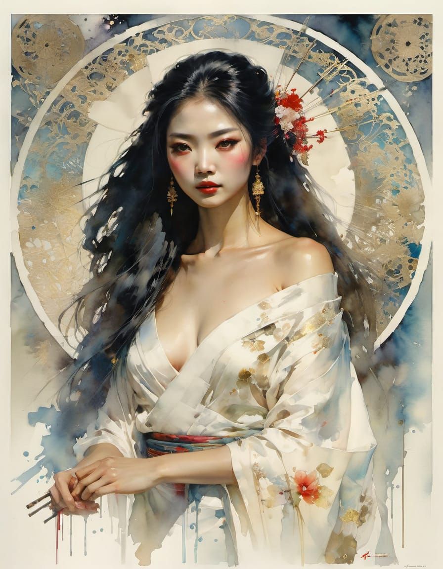 Beautiful Geisha Portrait in Detailed Watercolor Style